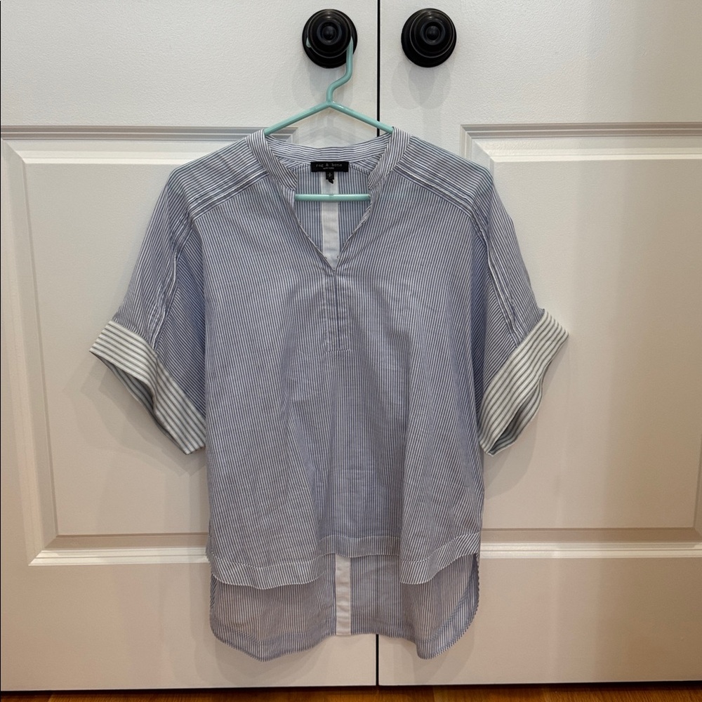 Rag and Bone Blue Striped Short Sleeve Blouse with eyelet neck closure